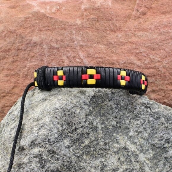 Kendrick Weave Leather Bracelet in Black Yellow Red Mens Gift Packaged - Picture 1 of 9